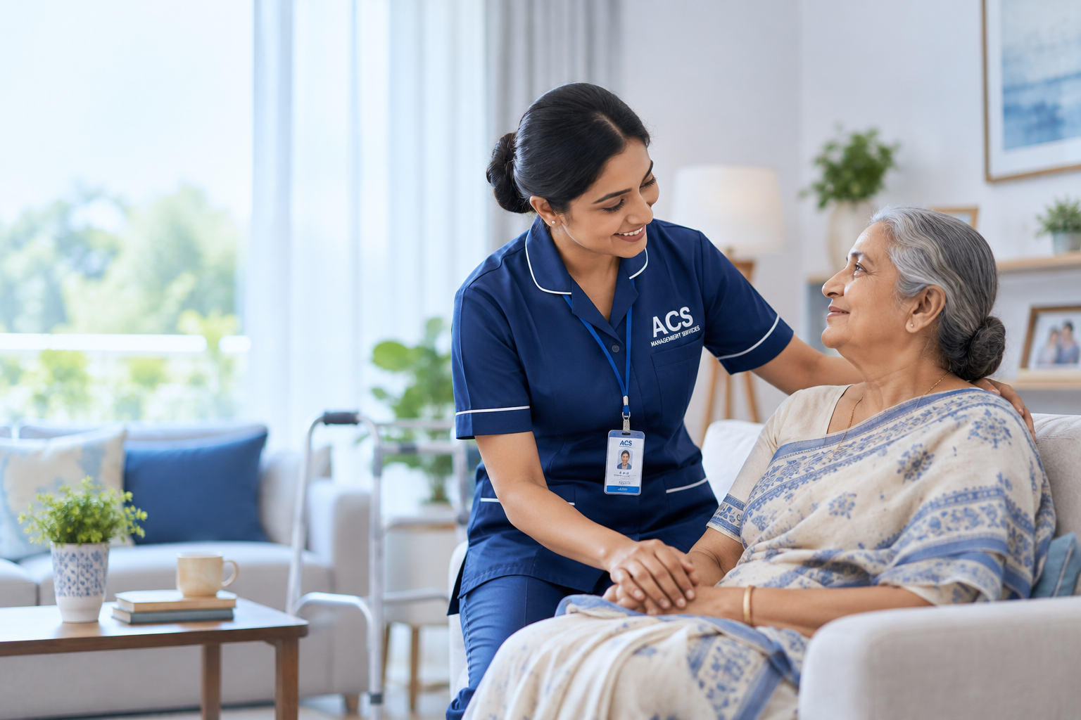 Home care nurse supporting an elderly person at home